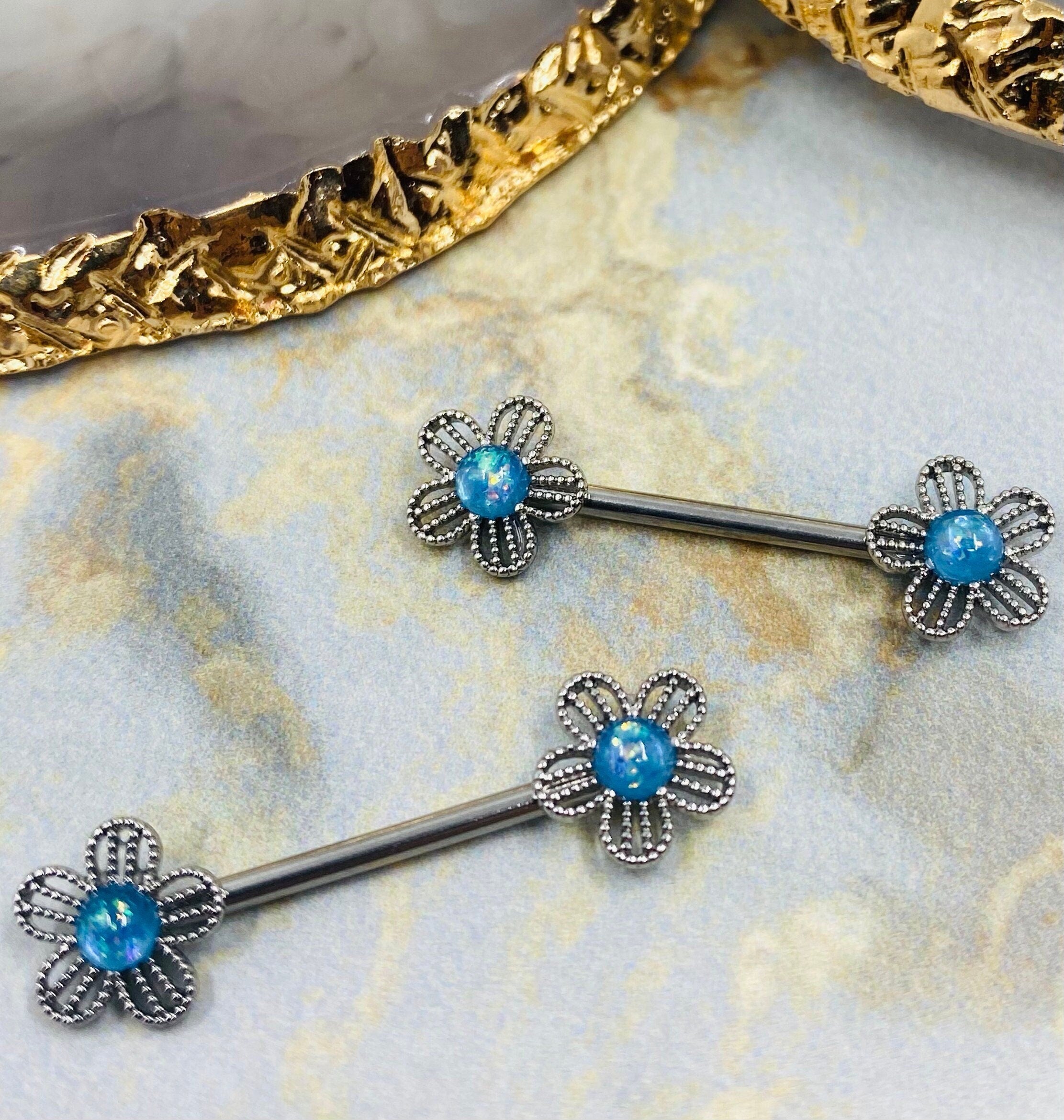 14G Silver Flower with Blue Glitter Opal in Center Nipple Barbells. Nipple Piercing. Nipple Jewelry.