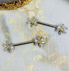 Pair of 14G Silver Daisy Flower Nipple Barbells . Nipple Piercing. Nipple Jewelry.