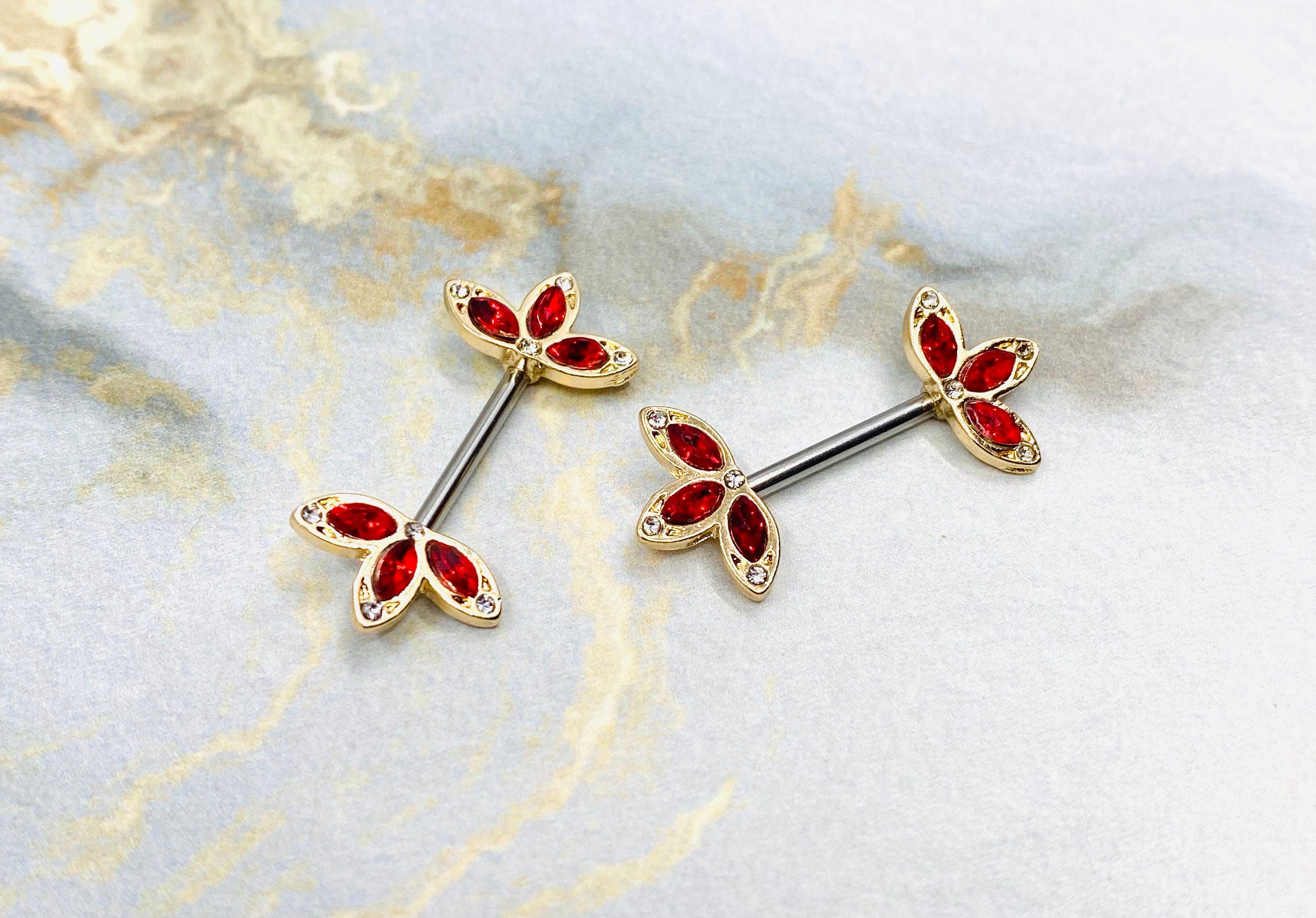 14G Clear Stone Gold Three Petals Flower Nipple Barbell. Nipple Piercings. Nipple Rings. Nipple Jewelry.