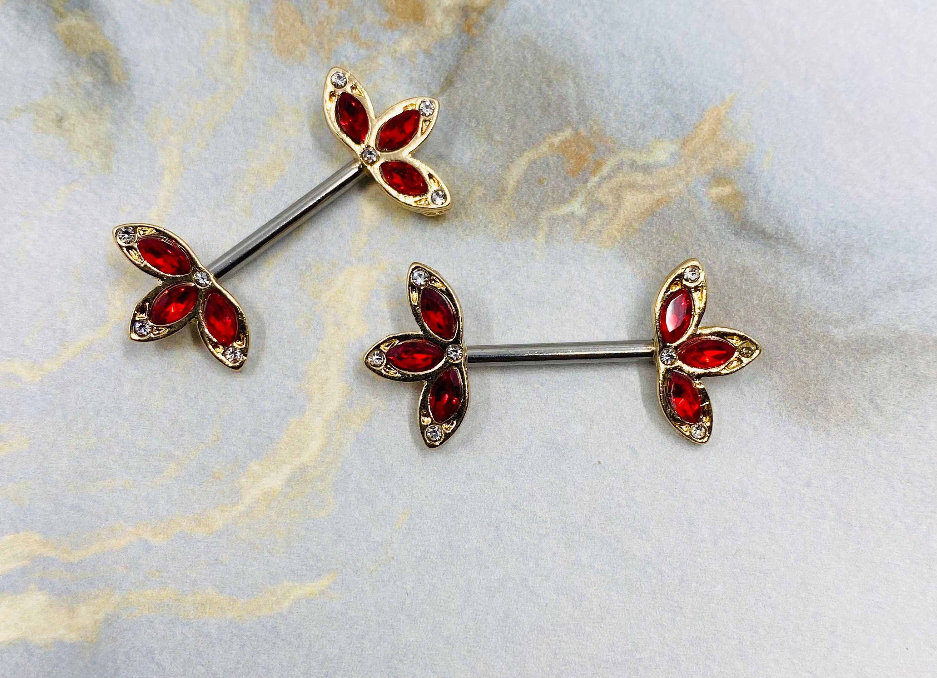 14G Clear Stone Gold Three Petals Flower Nipple Barbell. Nipple Piercings. Nipple Rings. Nipple Jewelry.