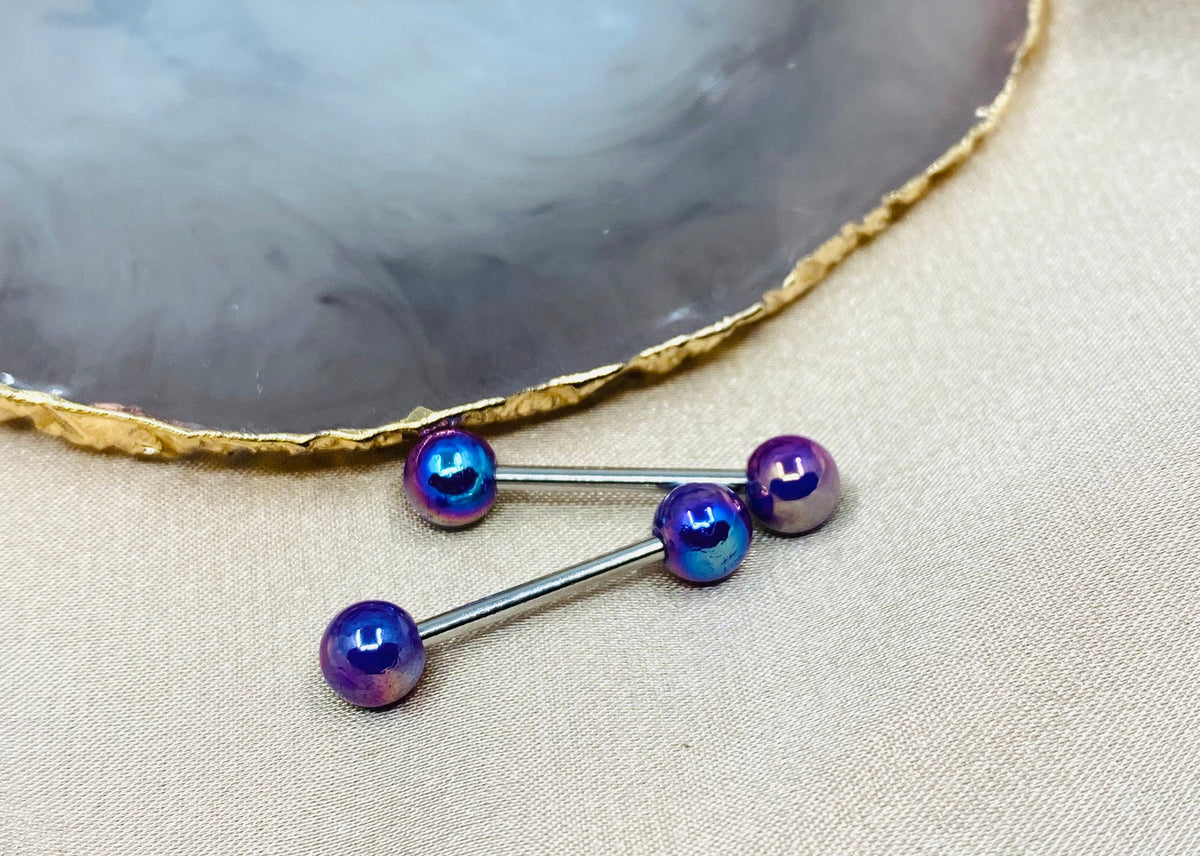 Pair of 14G Metallic Coated Shiny Purple Ball Ends Nipple Barbells. Nipple Piercing. Nipple Rings. Nipple Jewelry.