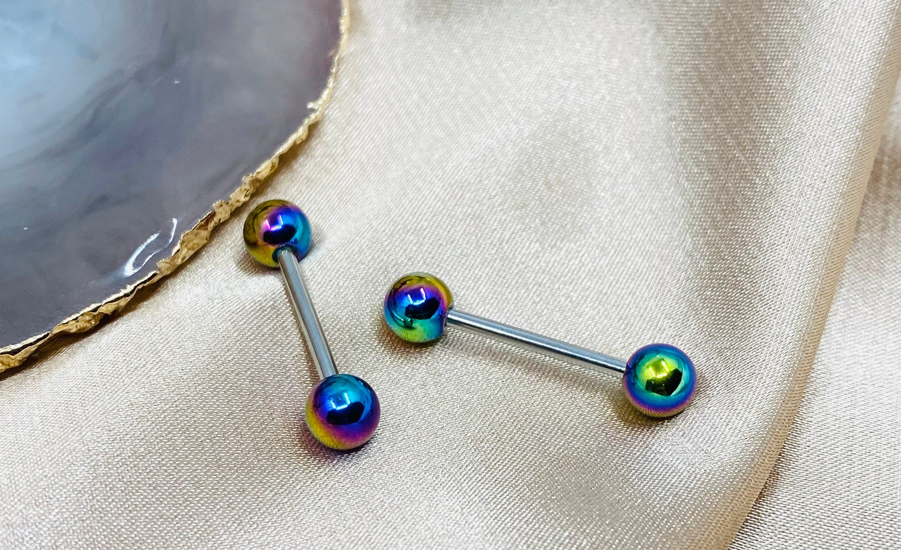 Pair of 14G Metallic Coated Shiny Rainbow Ball Ends Nipple Barbells. Nipple Piercing. Nipple Rings. Nipple Jewelry.