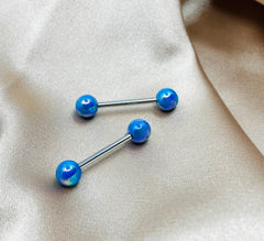 Pair of 14G Metallic Coated Shiny Blue Ball Ends Nipple Barbells. Nipple Piercing. Nipple Rings. Nipple Jewelry.