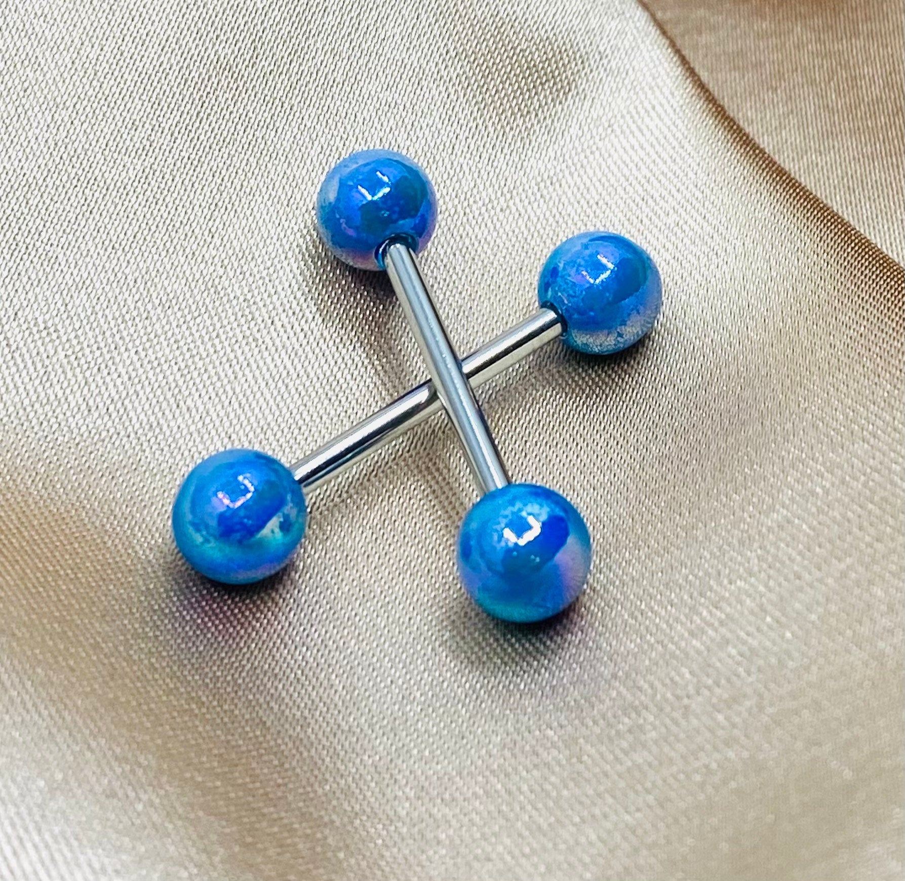 Pair of 14G Metallic Coated Shiny Blue Ball Ends Nipple Barbells. Nipple Piercing. Nipple Rings. Nipple Jewelry.