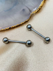 Pair of 14G Internally Threaded Implant Grade Titanium Plain Silver 12mm & 16mm Nipple Barbells. Nipple Rings. Nipple Jewelry.