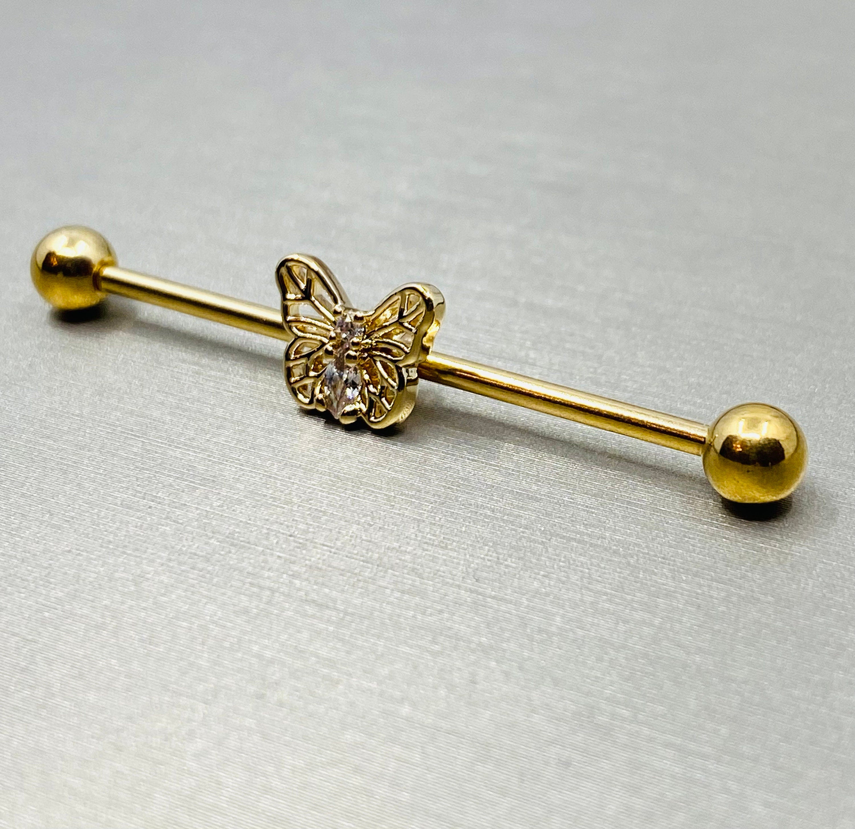 Butterfly with center CZ stone Industrial  barbell