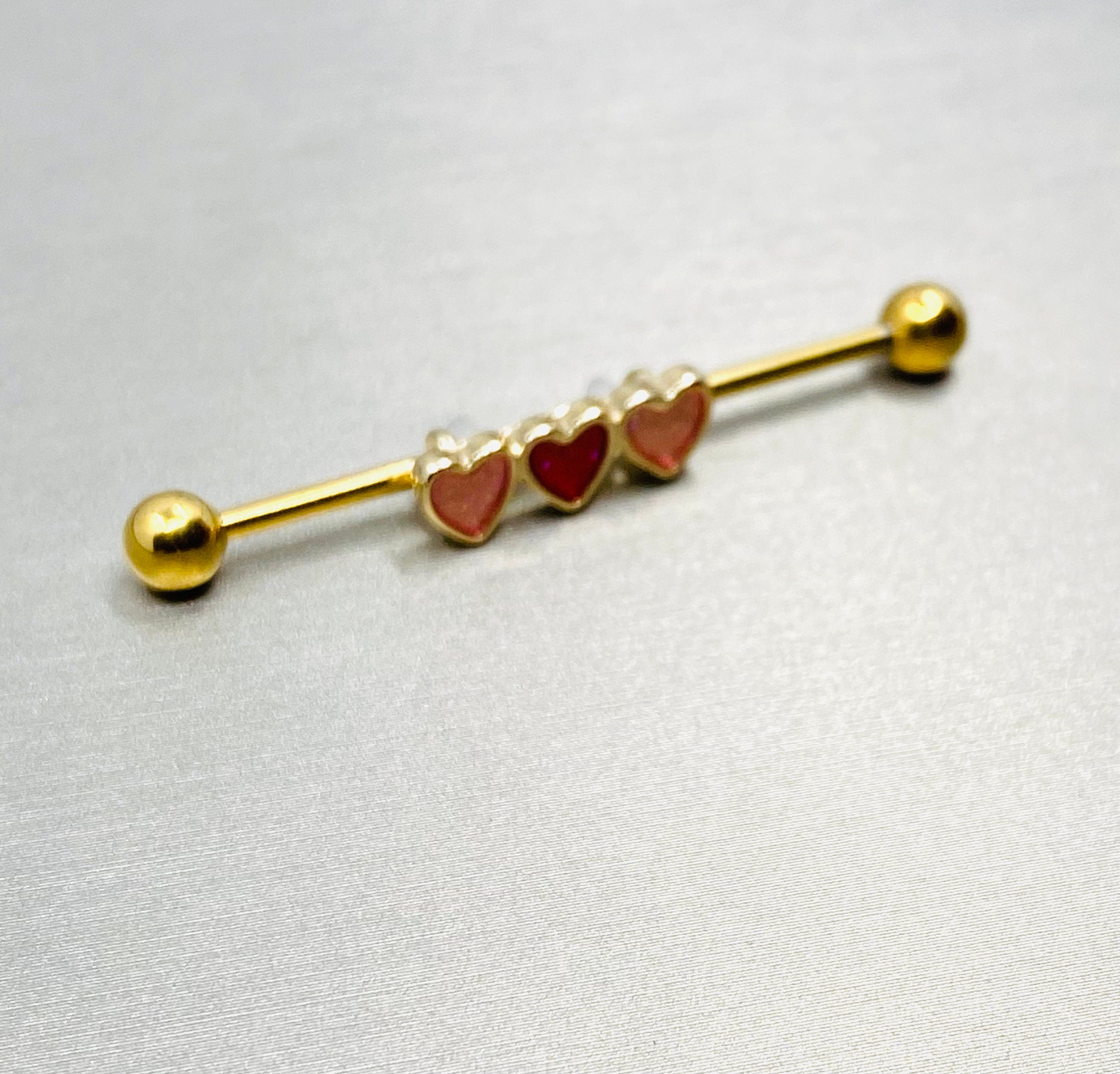 14G Tri Heart Red and Pink glitter Industrial Barbell