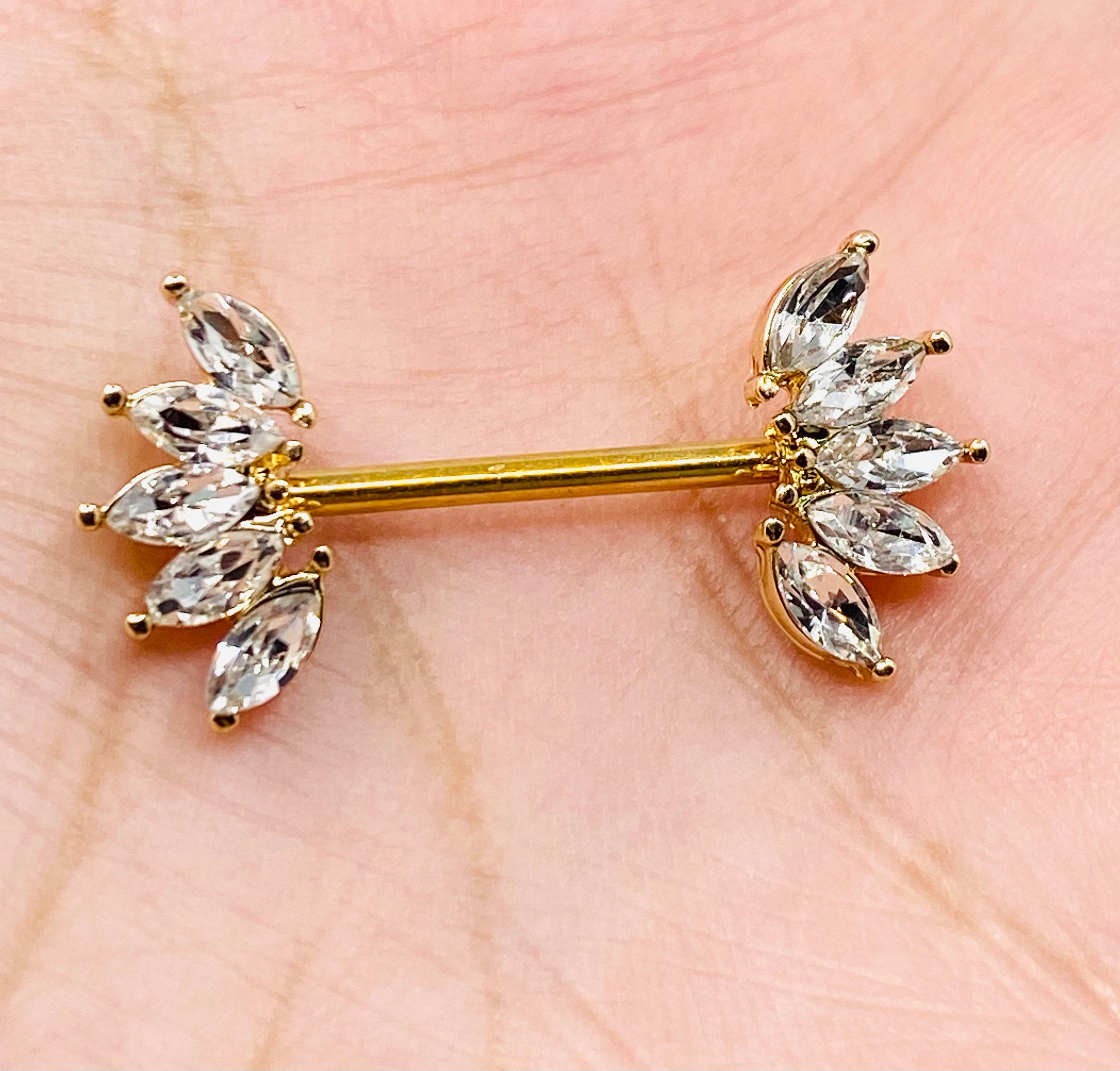 14G Gold Sparkling Marquise Crystals Ends Nipple Barbells. Nipple Rings. Nipple Piercings. Nipple Jewelry.