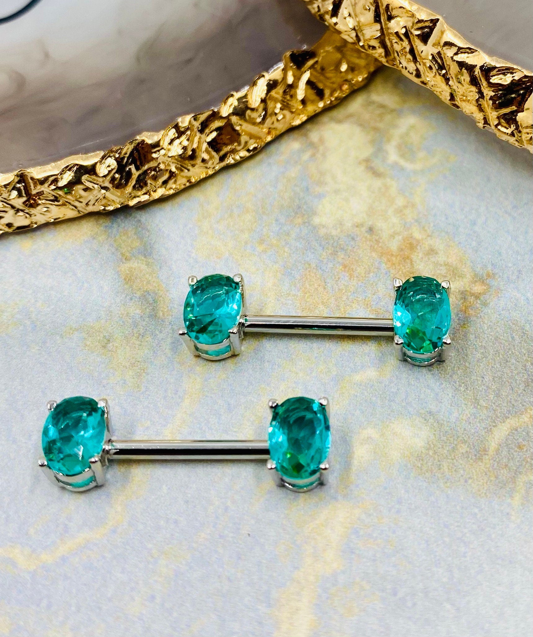 Pair of 14G Blue Stone Oval Prong Nipple Barbell Set. Nipple Piercing. Nipple Barbells. Surgical Steel.