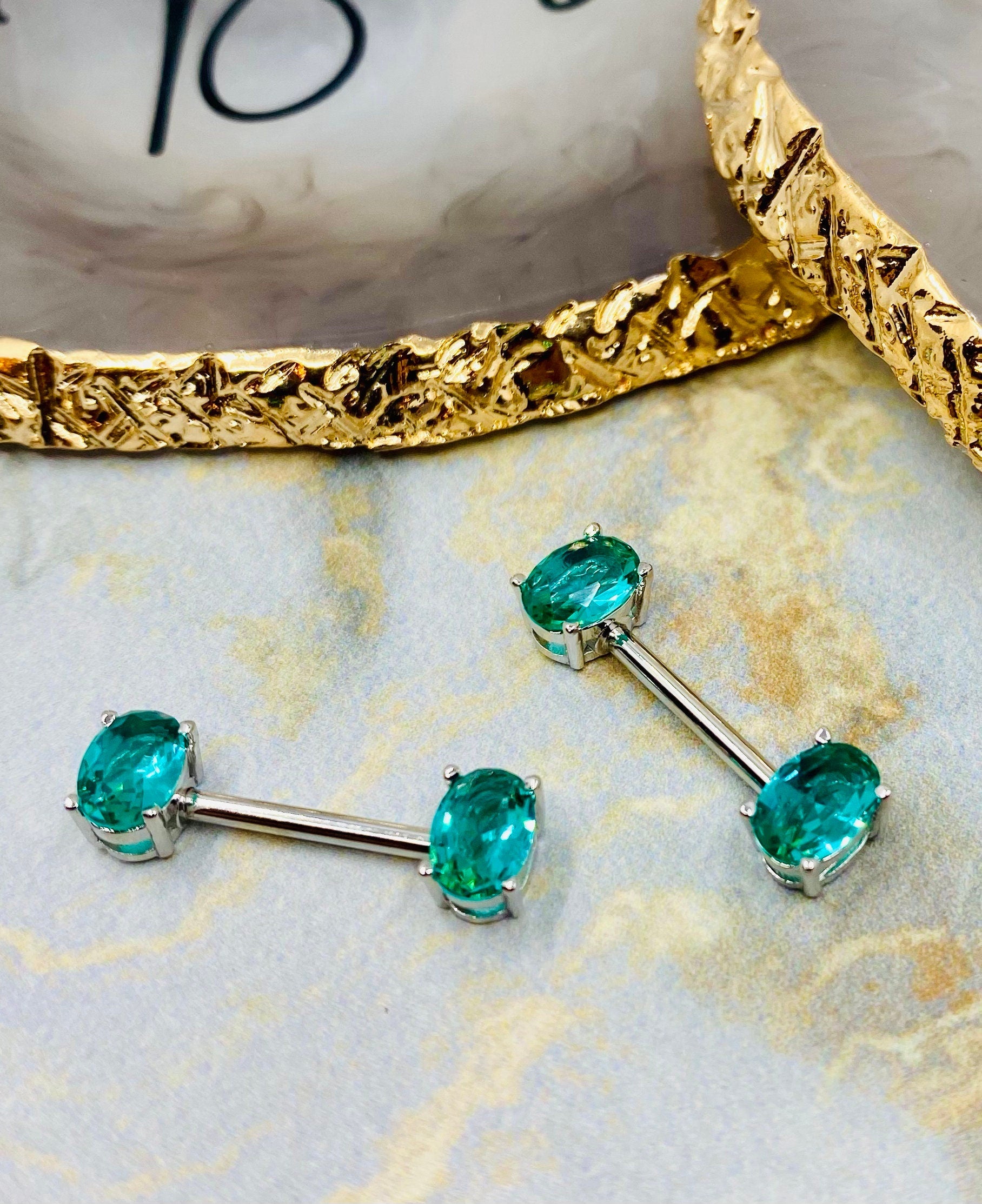 Pair of 14G Blue Stone Oval Prong Nipple Barbell Set. Nipple Piercing. Nipple Barbells. Surgical Steel.