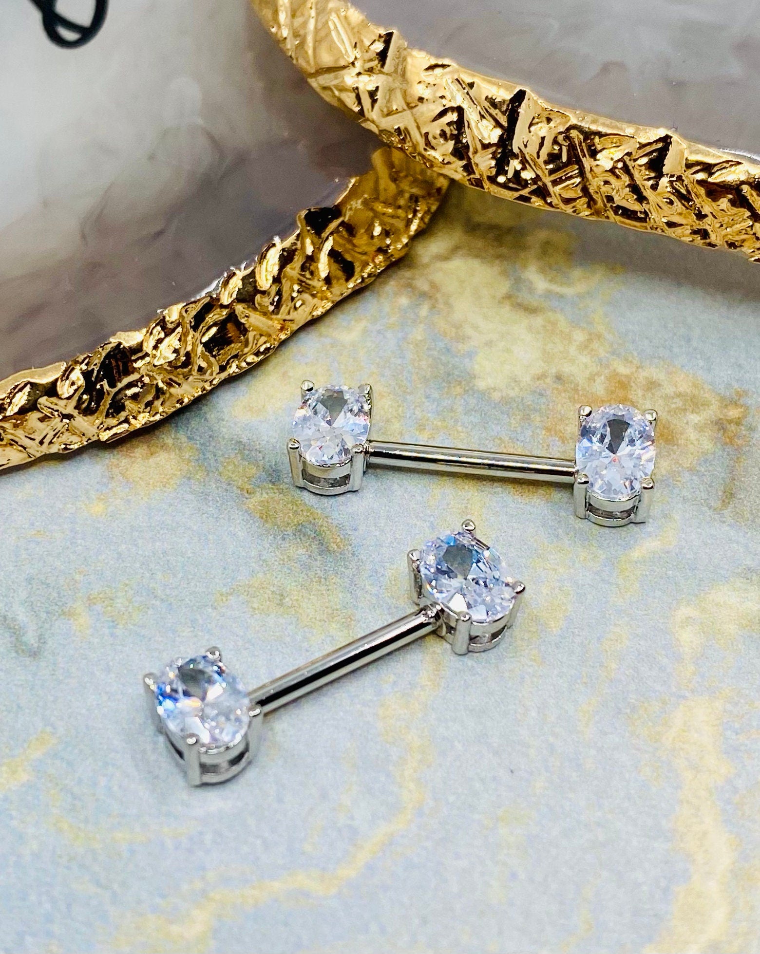 Pair of 14G Clear Stone Oval Prong Nipple Barbell Set. Nipple Piercing. Nipple Barbells. Surgical Steel.