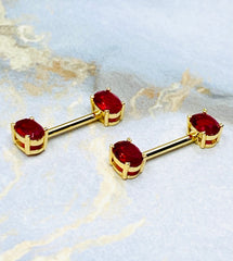 14G Gold Red Oval Nipple Piercing. Nipple Barbells. Nipple Jewelry