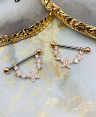 Pair of 14G Rose Gold Sparkling CZs Linked Stars Nipple Barbells. Nipple Piercing. Nipple Jewelry. Nipple Rings.