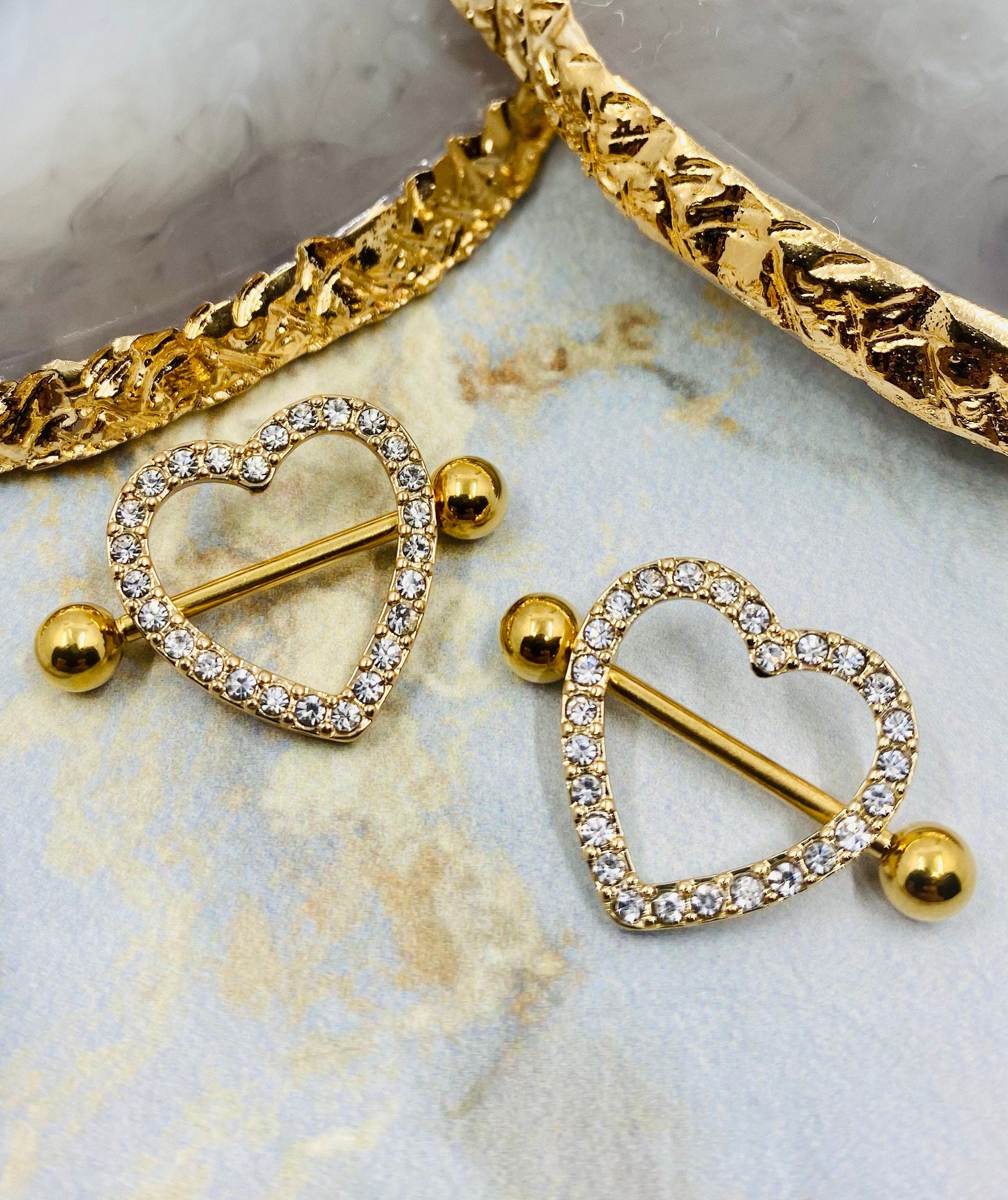 14G Golden Sparkling Heart with Paved Crystals Stones Nipple Barbells. Nipple Jewelry. Nipple Piercing.