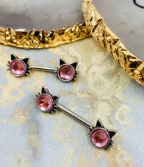 Pair of 14G Cute Kitty Face with Pink Stone Nipple Barbells. Nipple Jewelry.