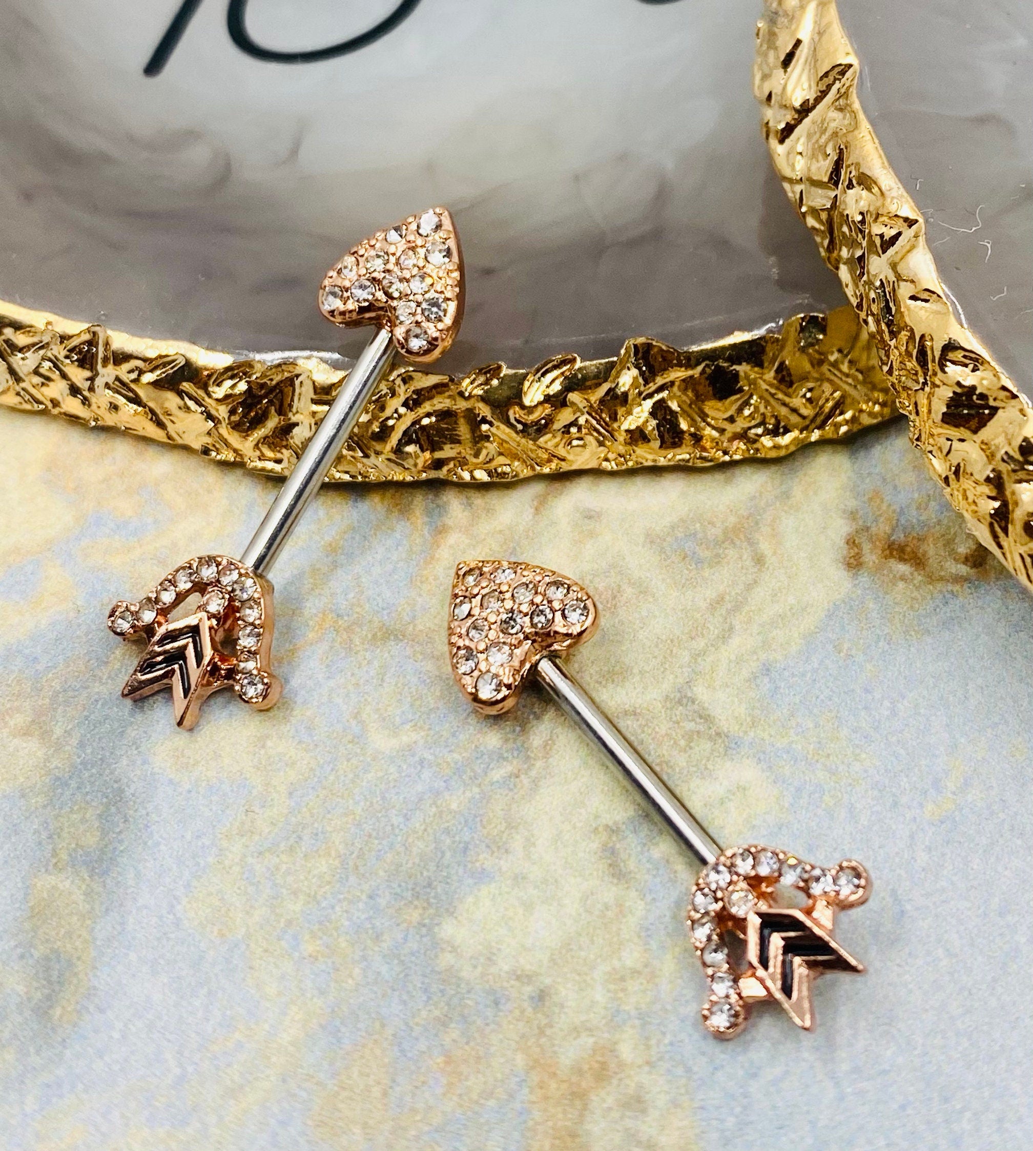 14G Rose Gold Bow and Arrow Heart with Paved CZs Nipple Barbells. Nipple jewelry. Nipple Piercing.