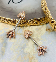 14G Rose Gold Bow and Arrow Heart with Paved CZs Nipple Barbells. Nipple jewelry. Nipple Piercing.