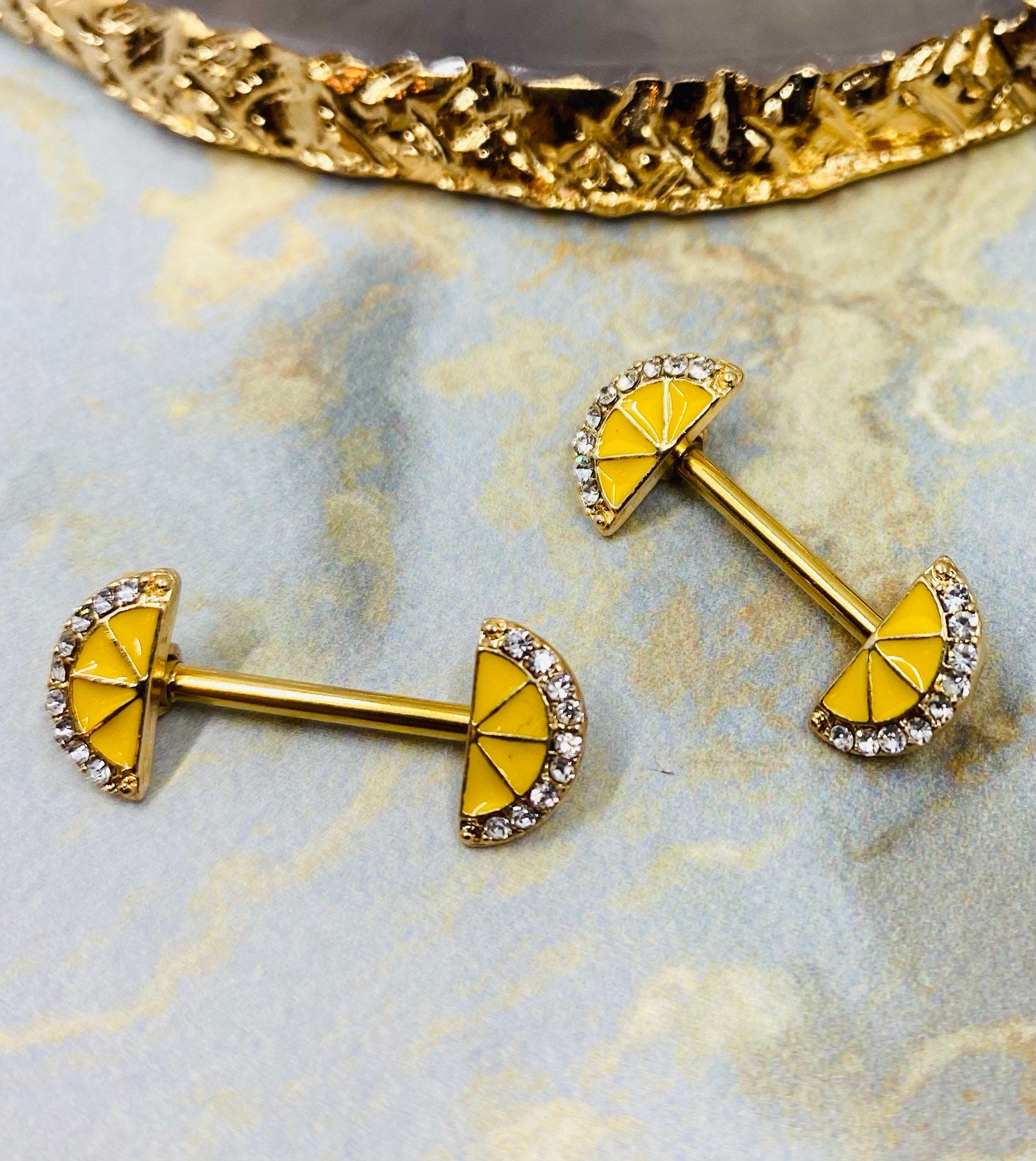 14G Gold Lemon Slice Ends Nipple Barbells. Nipple Piercing. Nipple Jewelry.