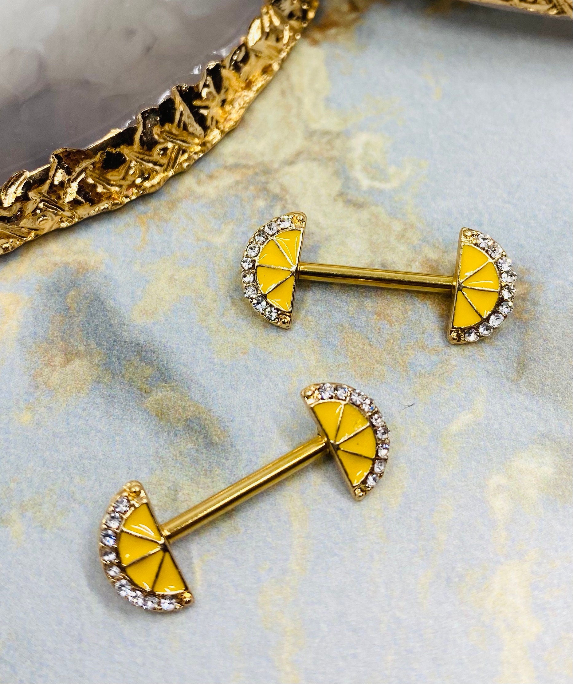 14G Gold Lemon Slice Ends Nipple Barbells. Nipple Piercing. Nipple Jewelry.