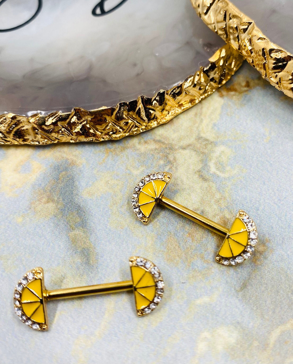 14G Gold Lemon Slice Ends Nipple Barbells. Nipple Piercing. Nipple Jewelry.