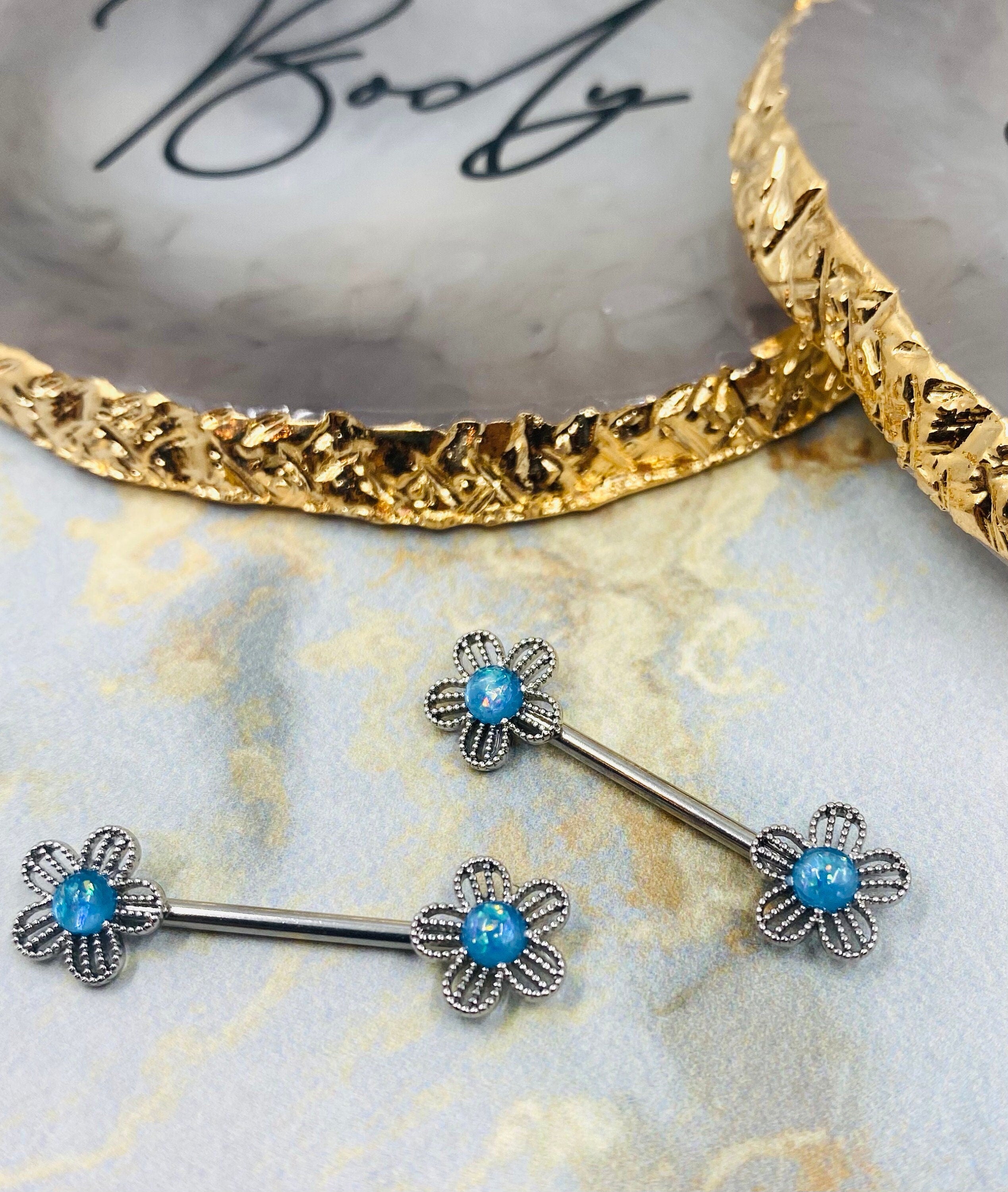 14G Silver Flower with Blue Glitter Opal in Center Nipple Barbells. Nipple Piercing. Nipple Jewelry.