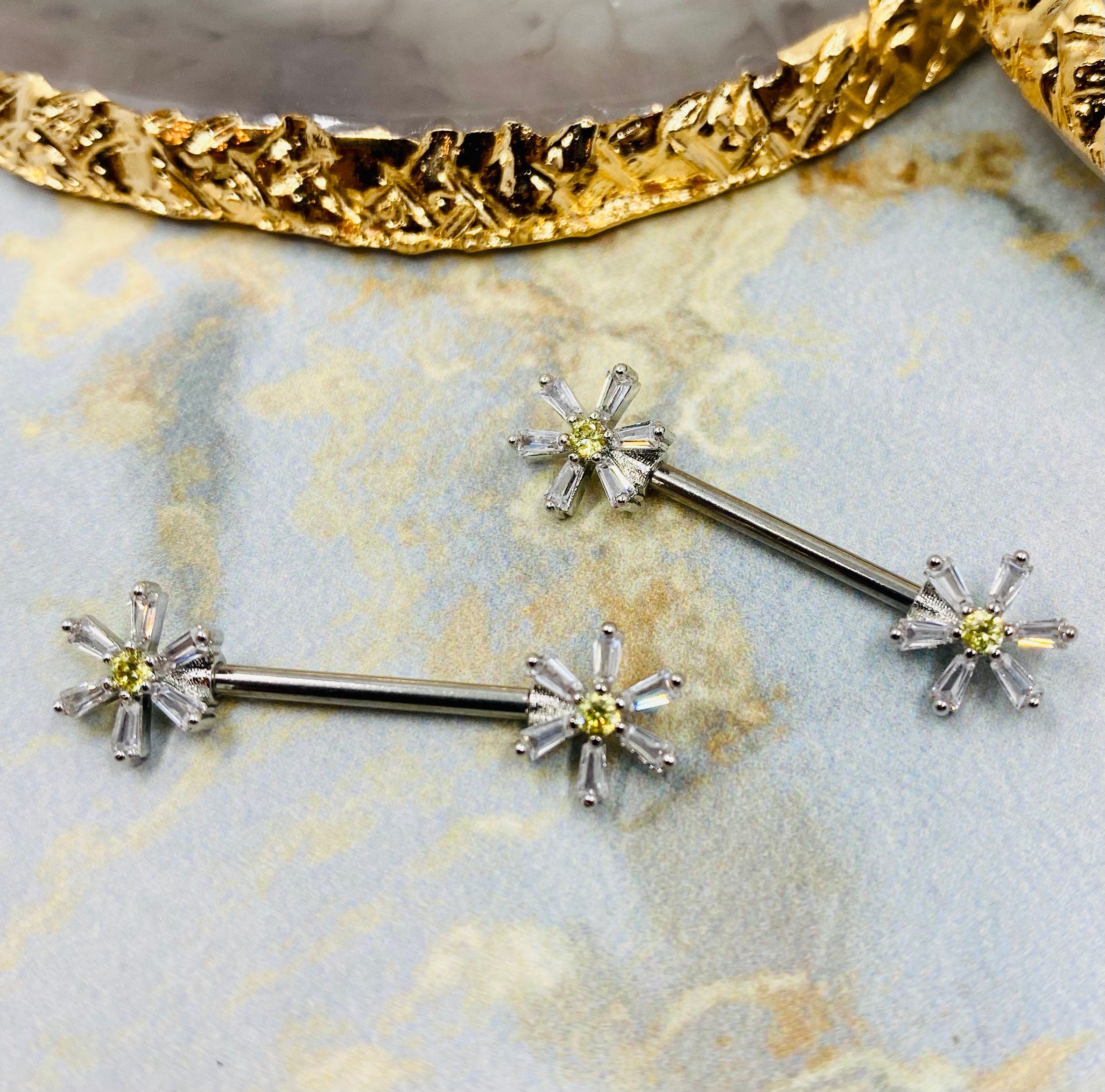 Pair of 14G Silver Daisy Flower Nipple Barbells . Nipple Piercing. Nipple Jewelry.