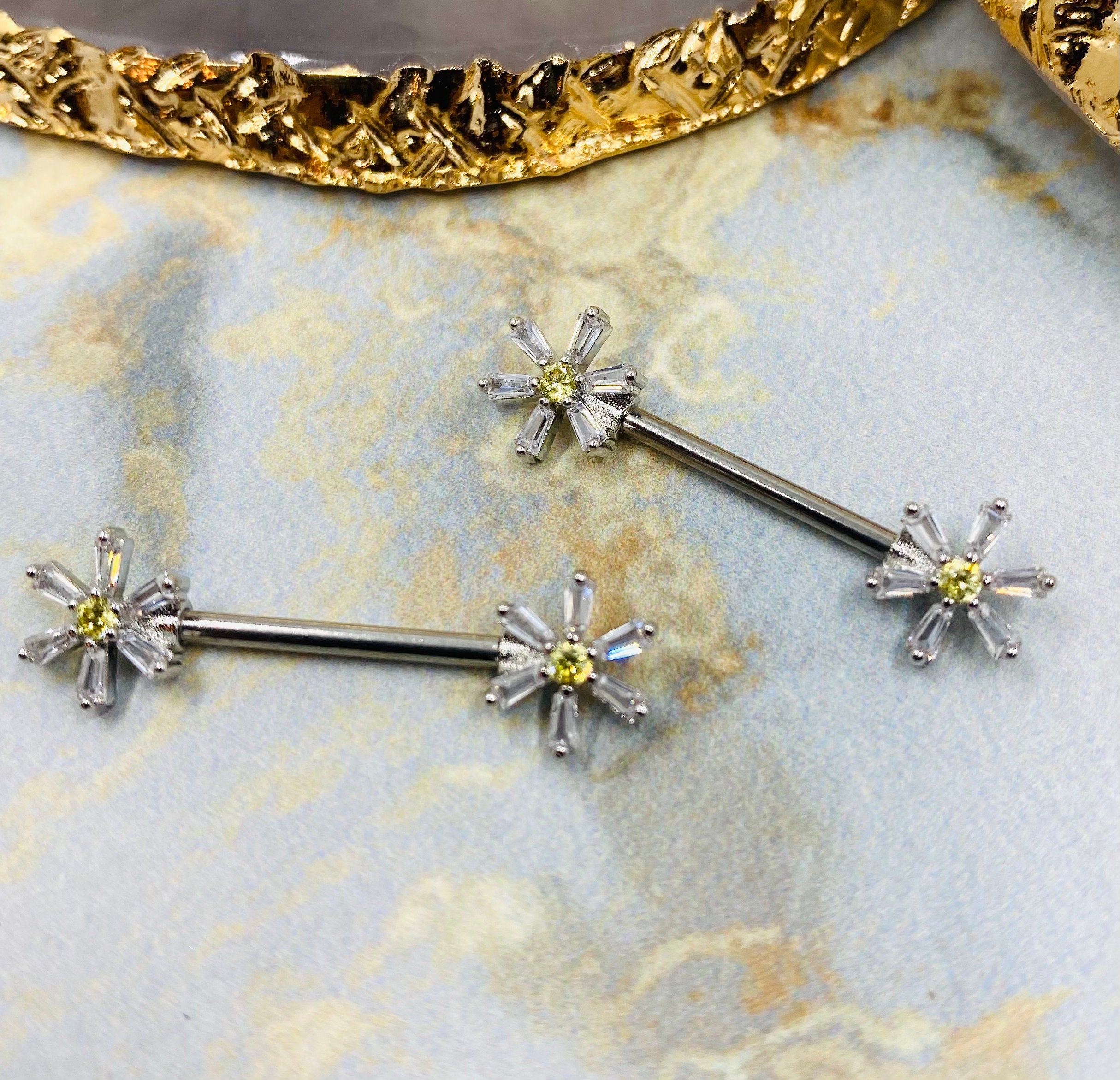 Pair of 14G Silver Daisy Flower Nipple Barbells . Nipple Piercing. Nipple Jewelry.