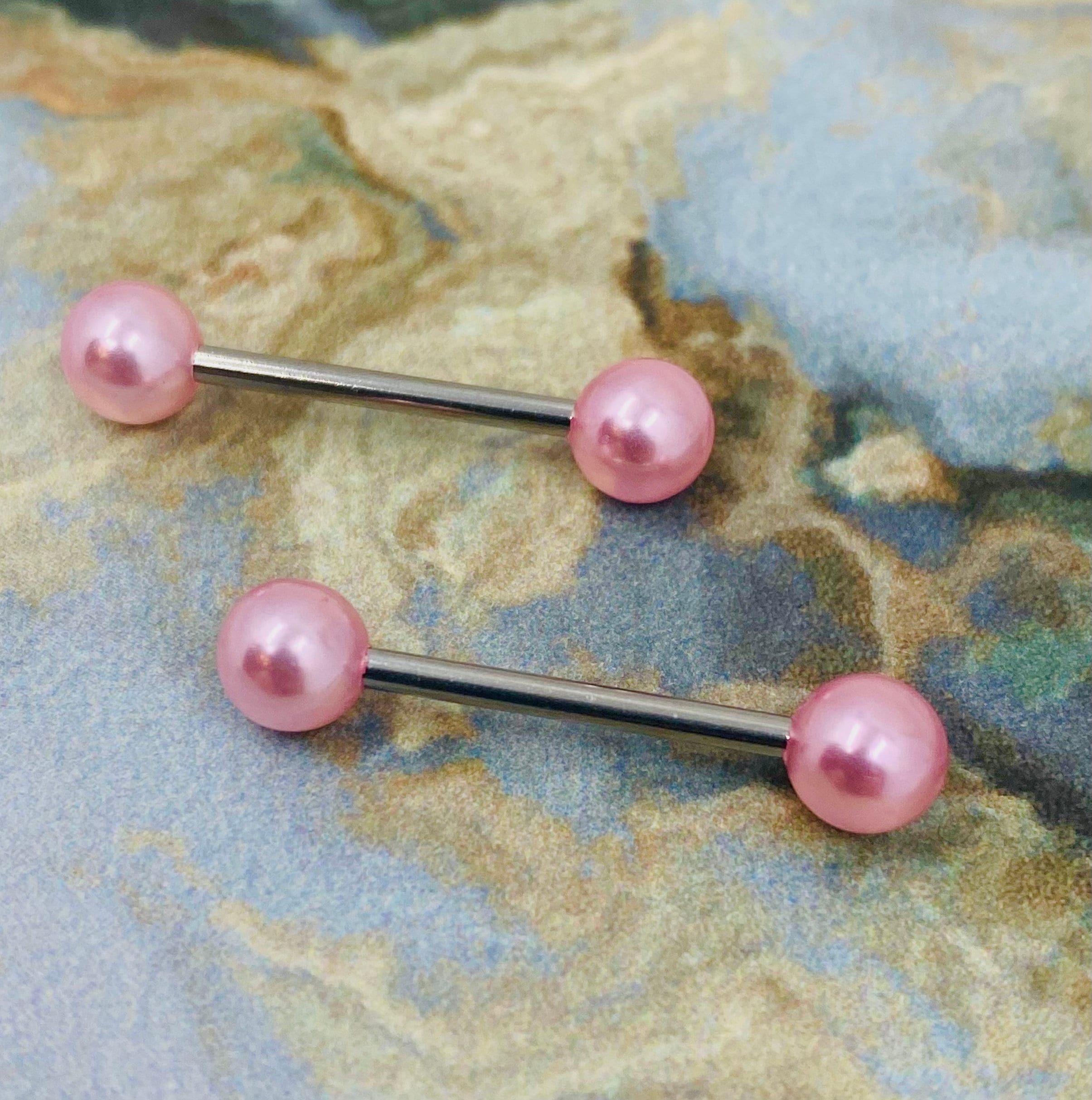 Pair of 14G Pink Pearls Nipple Barbells. Nipple Piercing. Nipple Jewelry. Nipple Rings