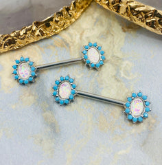 Pair of 14G Silver Elegant Opal with Turquoise Stone Nipple Barbells. Nipple Rings. Nipple Piercing. Nipple Jewelry