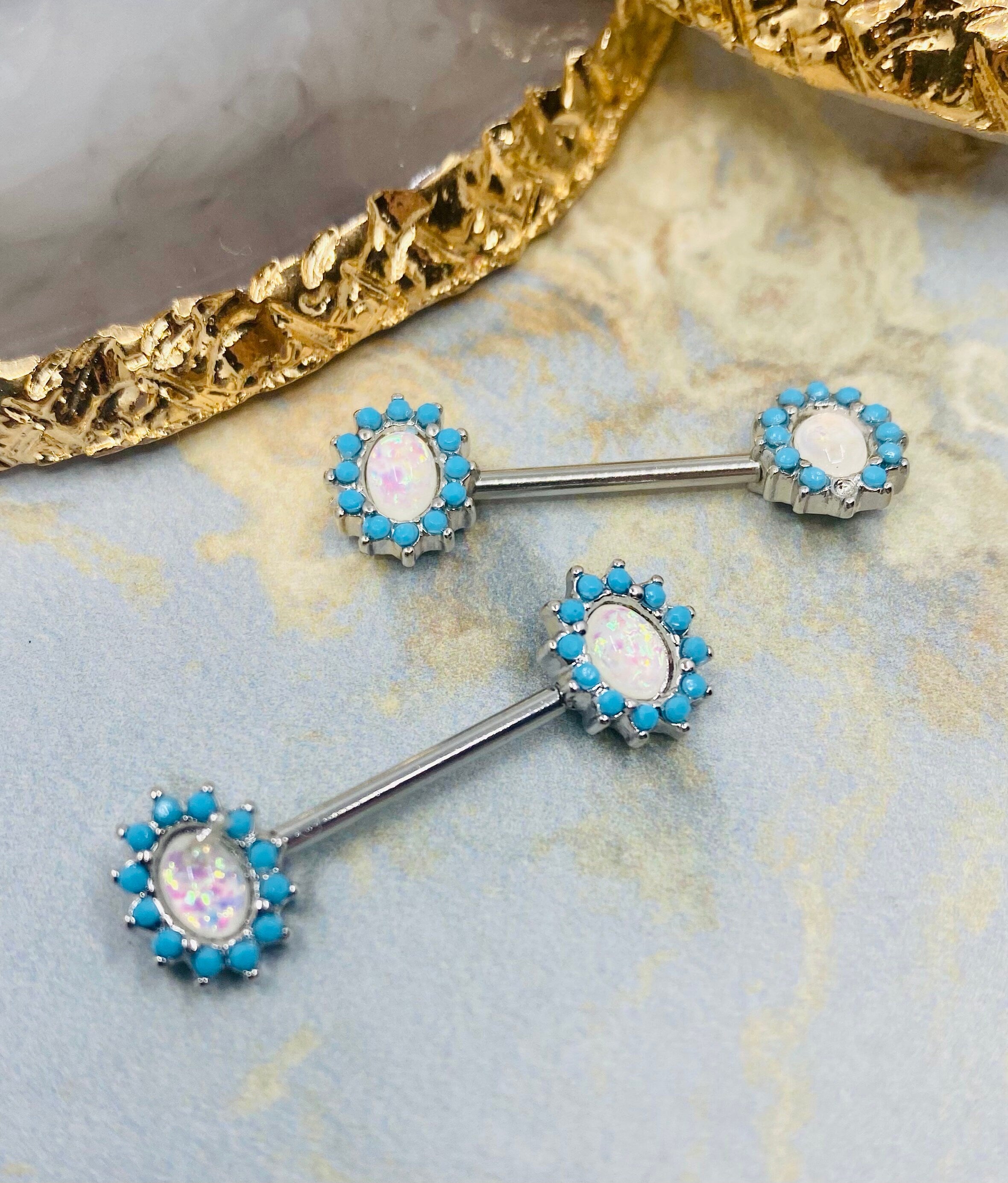 Pair of 14G Silver Elegant Opal with Turquoise Stone Nipple Barbells. Nipple Rings. Nipple Piercing. Nipple Jewelry