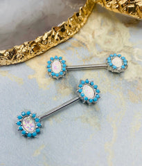 Pair of 14G Silver Elegant Opal with Turquoise Stone Nipple Barbells. Nipple Rings. Nipple Piercing. Nipple Jewelry