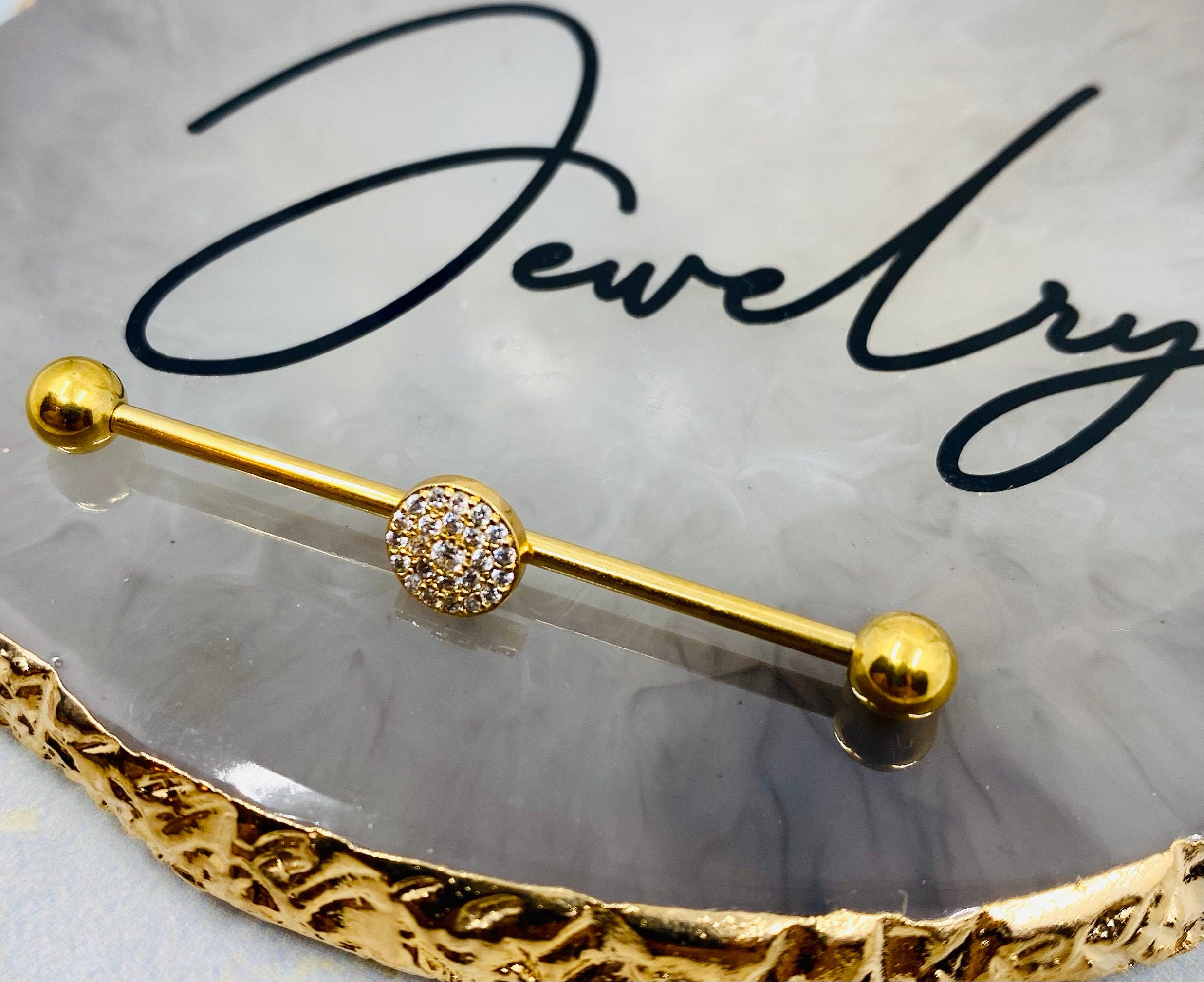 14G Gold Round Multi Paved CZ's 38MM Length Industrial Barbell.