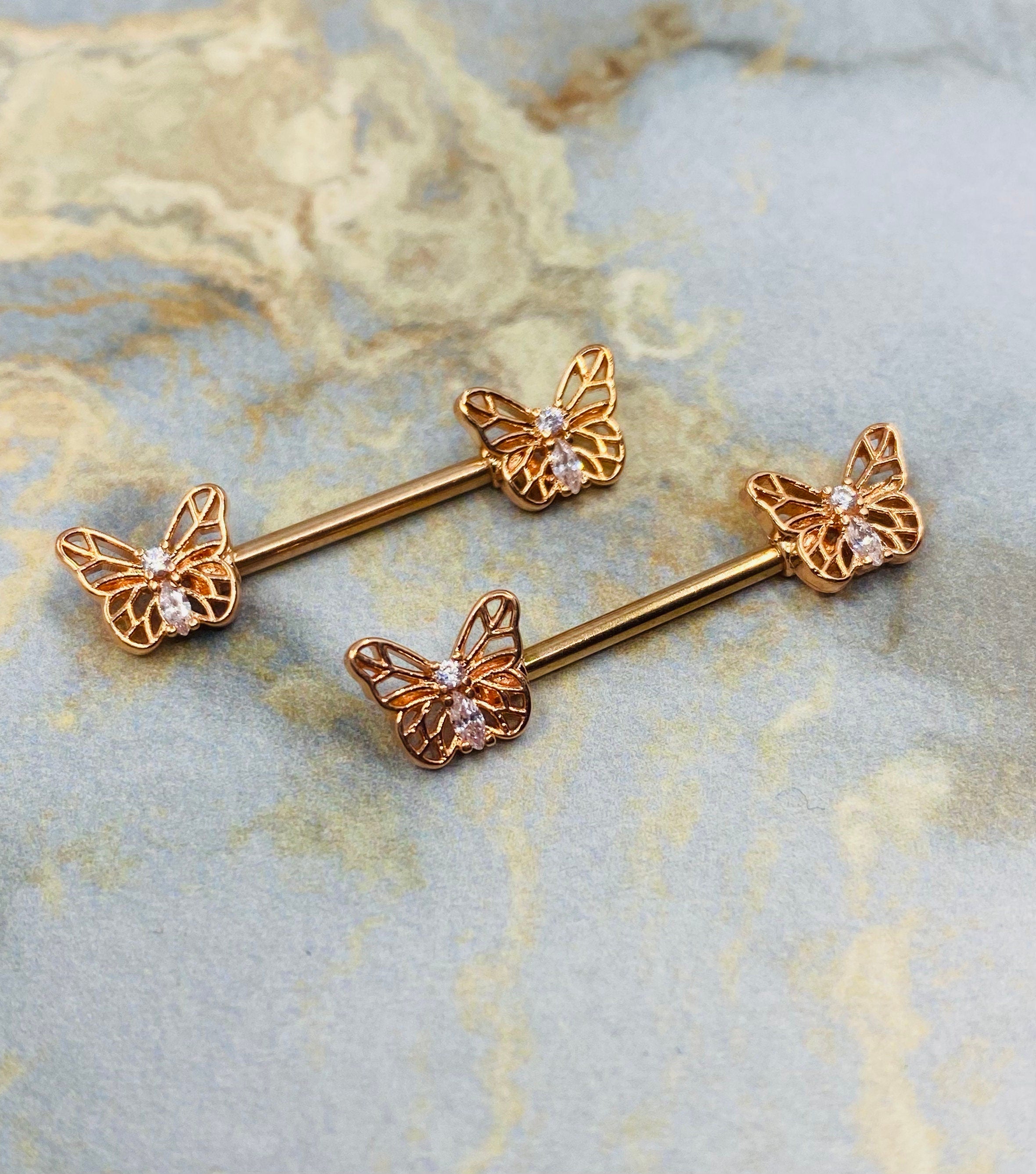 Pair of 14G Rose Gold Butterly Ends with Clear Sparkling Stones Nipple Barbell. Nipple Rings. Nipple Piercing. Nipple Jewelry. Body Jewelry.