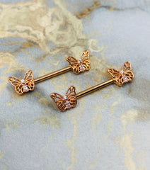 Pair of 14G Rose Gold Butterly Ends with Clear Sparkling Stones Nipple Barbell. Nipple Rings. Nipple Piercing. Nipple Jewelry. Body Jewelry.