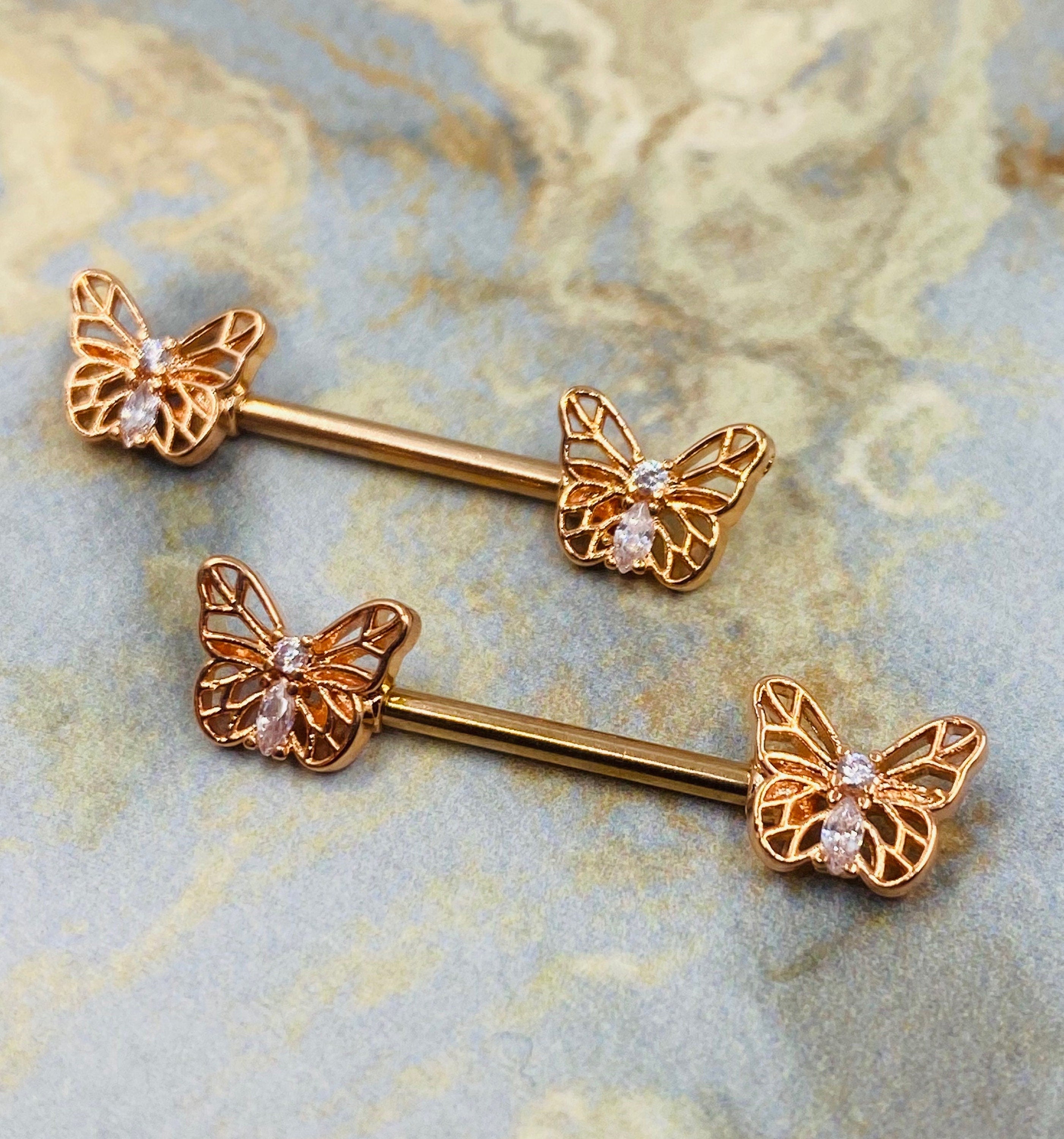 Pair of 14G Rose Gold Butterly Ends with Clear Sparkling Stones Nipple Barbell. Nipple Rings. Nipple Piercing. Nipple Jewelry. Body Jewelry.