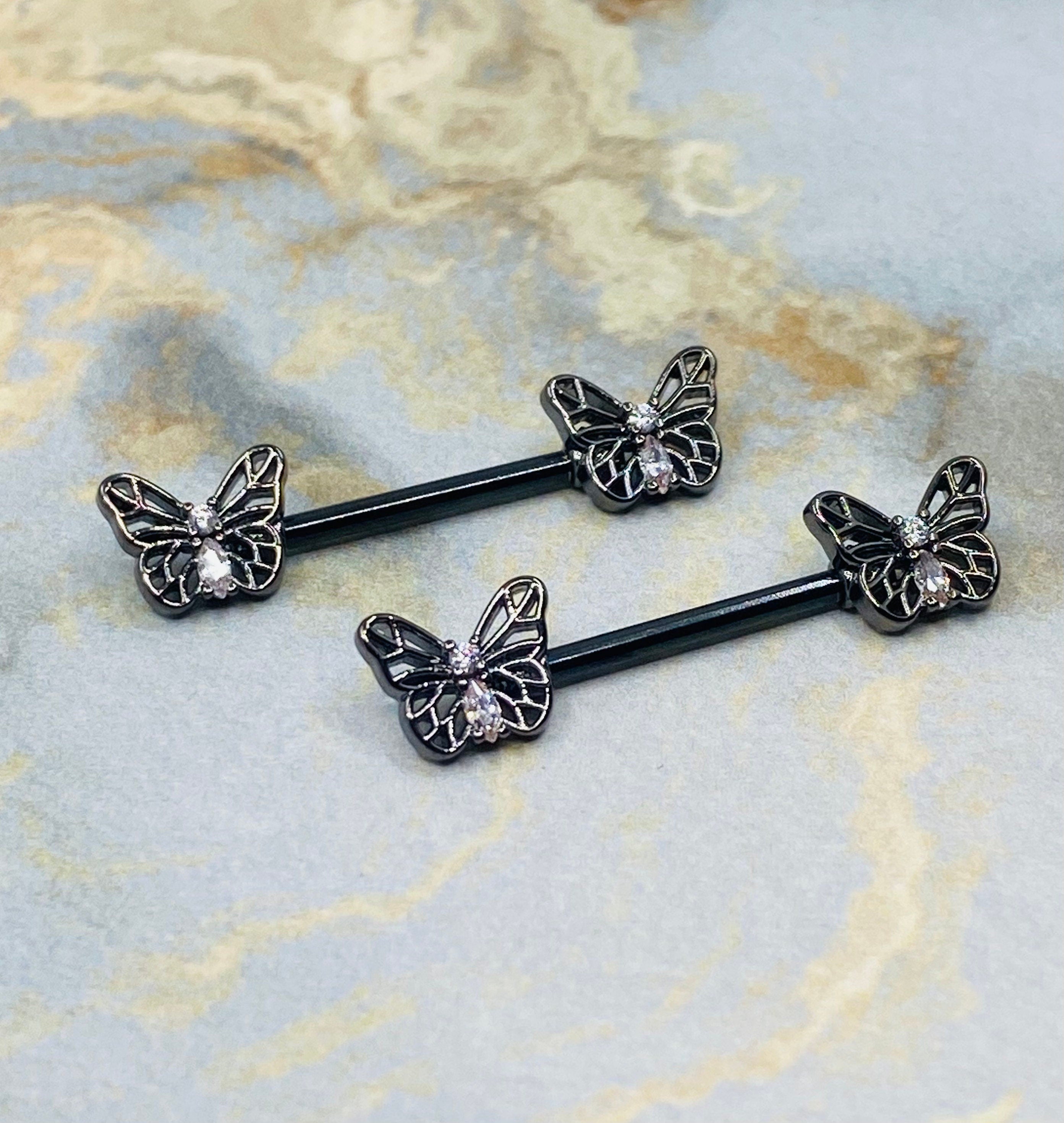 Pair of 14G Black Butterly Ends with Clear Sparkling Stones Nipple Barbell. Nipple Rings. Nipple Piercing. Nipple Jewelry. Body Jewelry.