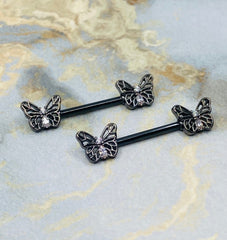 Pair of 14G Black Butterly Ends with Clear Sparkling Stones Nipple Barbell. Nipple Rings. Nipple Piercing. Nipple Jewelry. Body Jewelry.