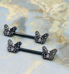 Pair of 14G Black Butterly Ends with Clear Sparkling Stones Nipple Barbell. Nipple Rings. Nipple Piercing. Nipple Jewelry. Body Jewelry.