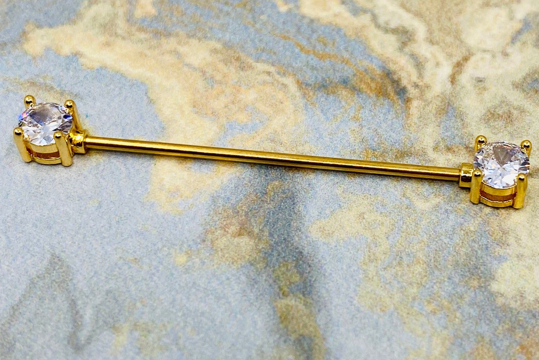 16G Gold Plated Sparkling Round Clear Prong Ends 38MM Industrial Barbell. Industrial Piercing.