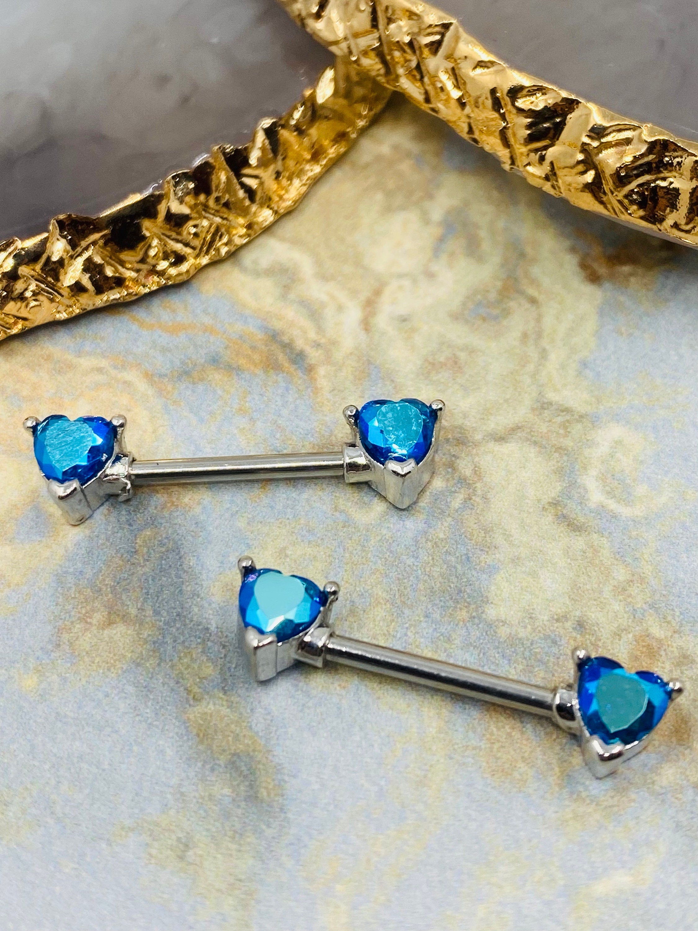 Pair of 14G Iridescent Stone Heart Shape Nipple Barbell. Nipple barbell. Nipple piercing. Nipple Jewelry.