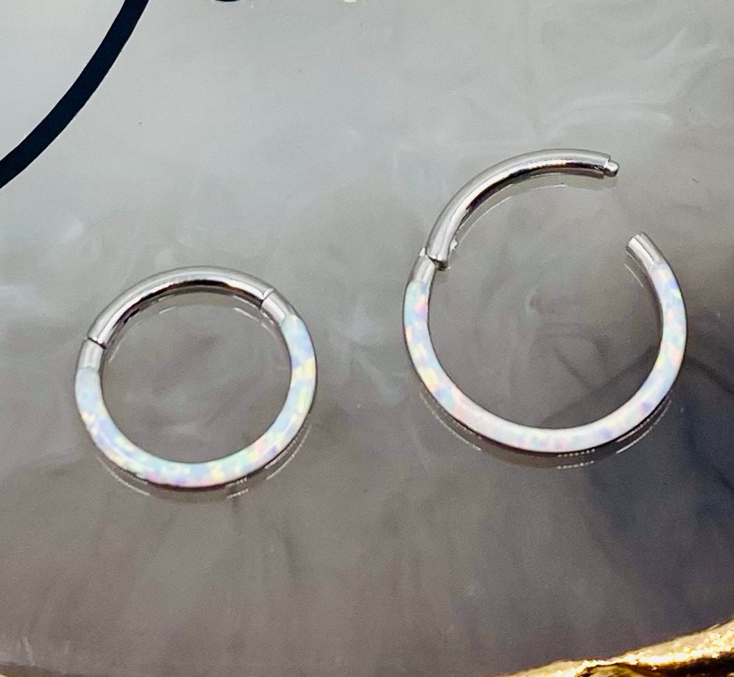 16G Surgical Steel White Opal Inlay Front Facing 10MM/8MM Septum Clicker Ring. Septum Piercing. Septum Ring. Nose Piercing. Nose Ring.