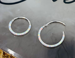 16G Surgical Steel White Opal Inlay Front Facing 10MM/8MM Septum Clicker Ring. Septum Piercing. Septum Ring. Nose Piercing. Nose Ring.