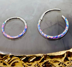 16G Surgical Steel Pink Opal Inlay Front Facing 10MM/8MM Septum Clicker Ring. Septum Piercing. Septum Ring. Nose Piercing. Nose Ring.