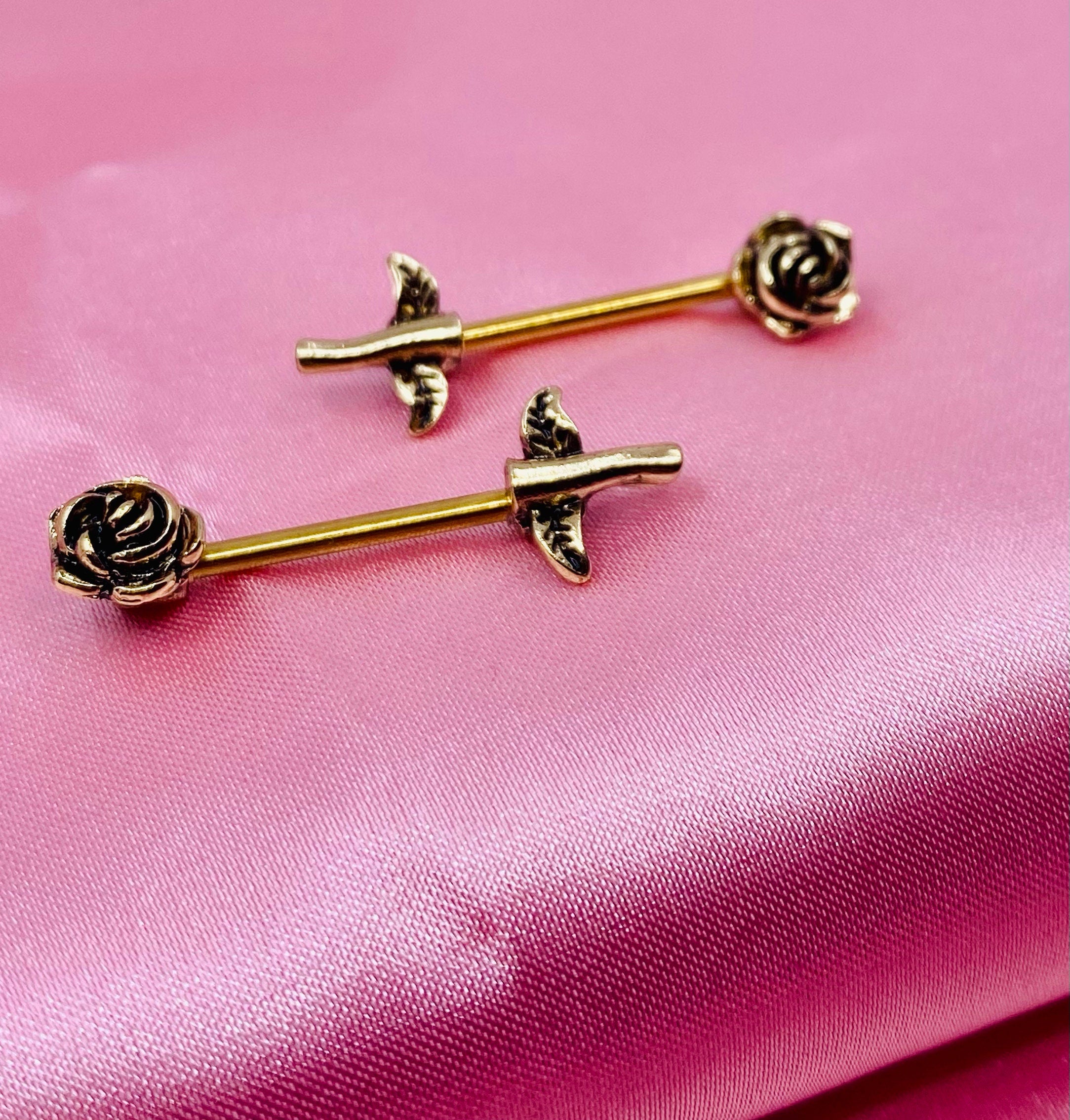 Pair of 14G Antique Gold Rose Flower Stem Nipple Barbells. Nipple Jewelry. Nipple Piercing.