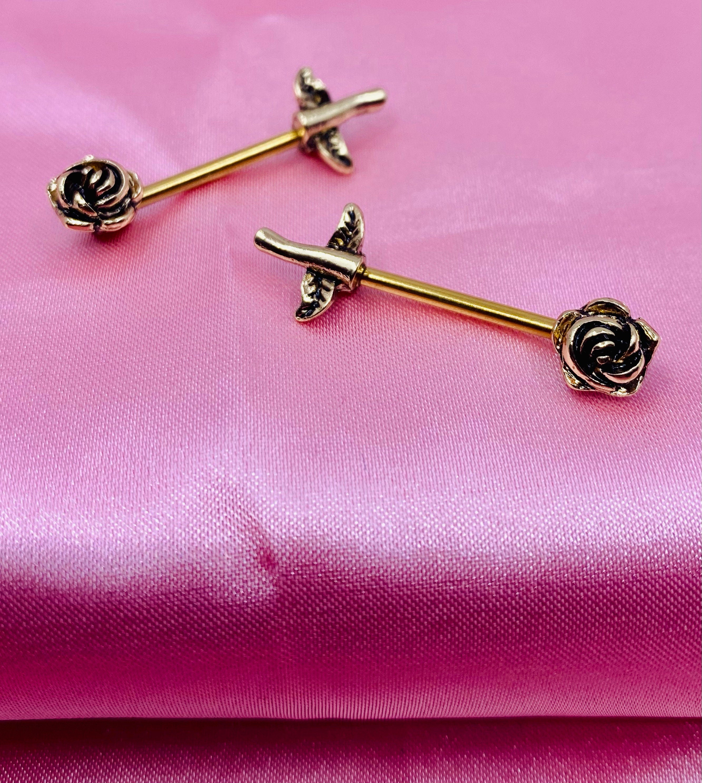 Pair of 14G Antique Gold Rose Flower Stem Nipple Barbells. Nipple Jewelry. Nipple Piercing.