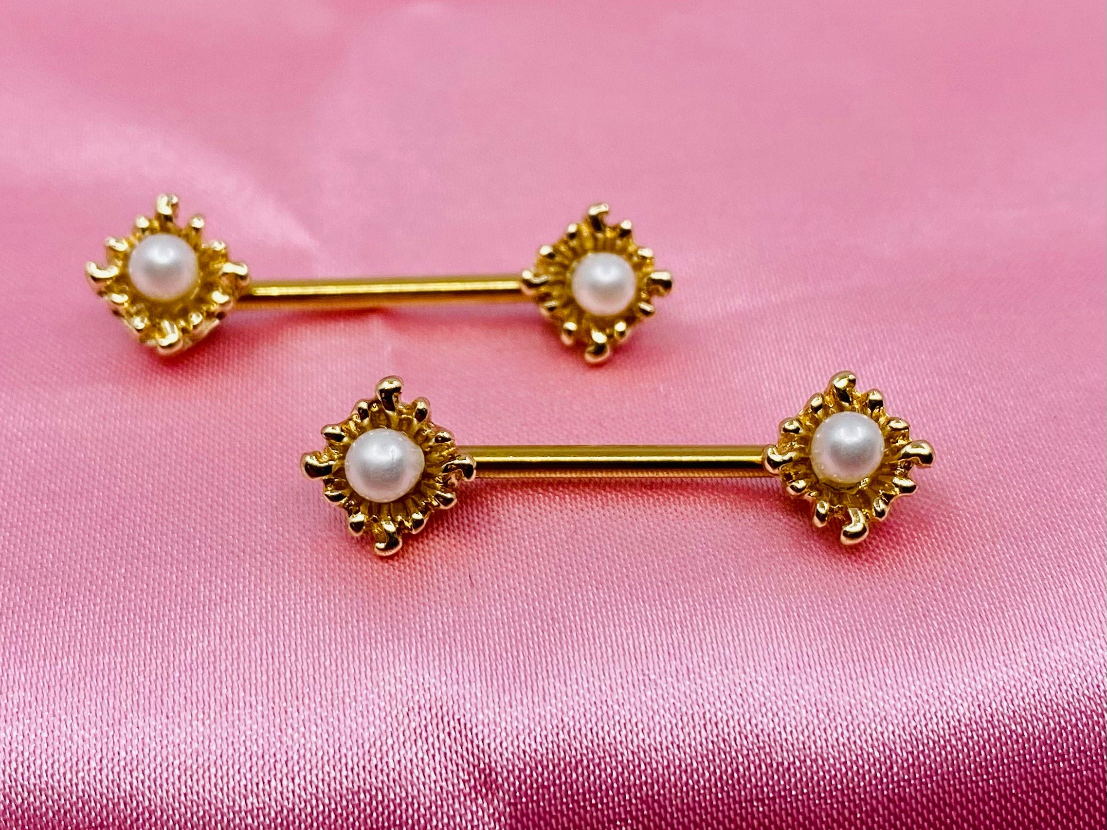 A Set of 14G Gold Sun Rays with Pearl Centered Stone Nipple Barbells. Nipple Jewelry. Nipple Piercing.