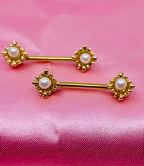 A Set of 14G Gold Sun Rays with Pearl Centered Stone Nipple Barbells. Nipple Jewelry. Nipple Piercing.