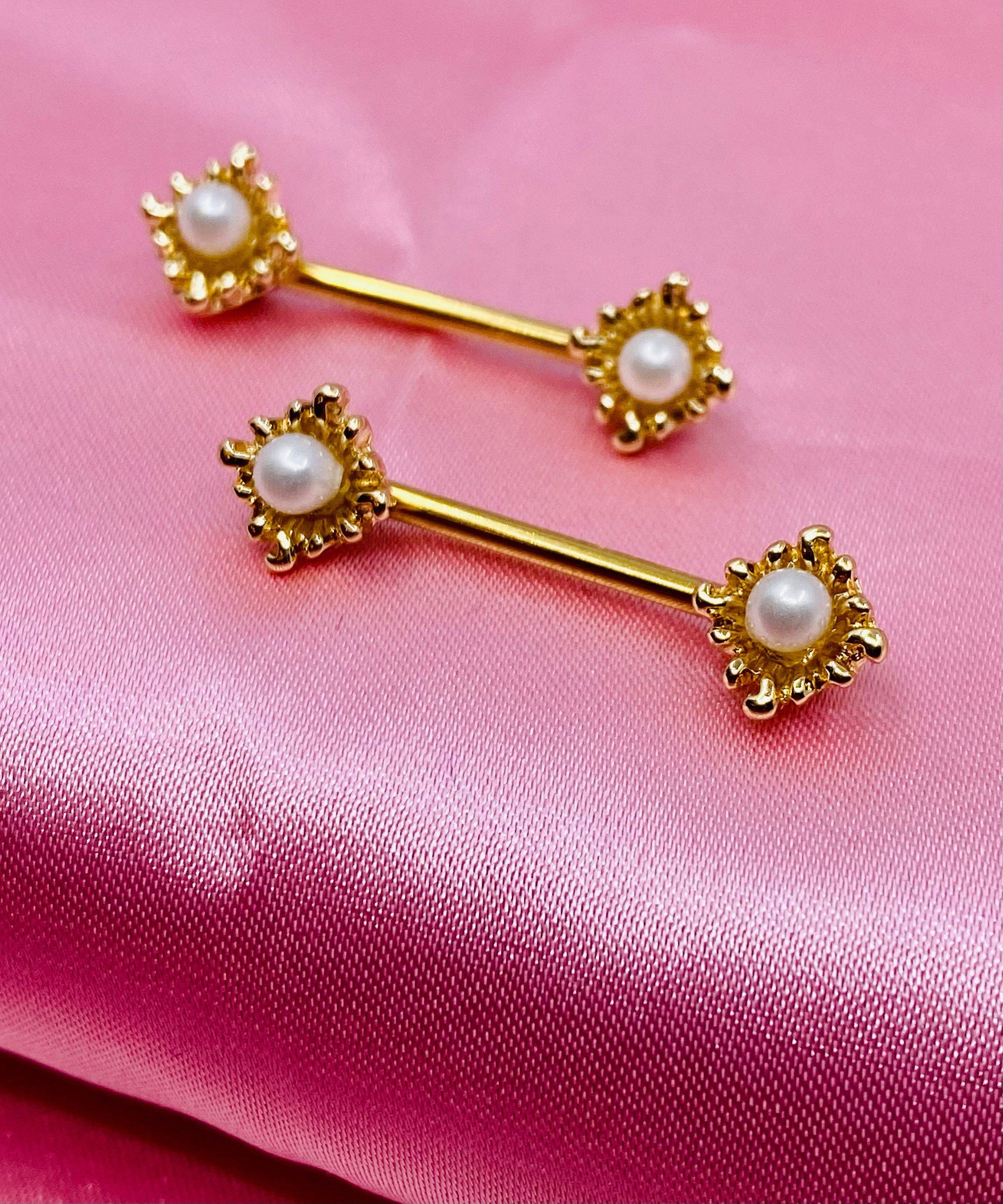 A Set of 14G Gold Sun Rays with Pearl Centered Stone Nipple Barbells. Nipple Jewelry. Nipple Piercing.