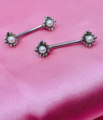 A Set of 14g Silver Sun Rays with Pearl Centered Stone Nipple Barbells. Nipple Jewelry. Nipple Piercing.