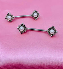 A Set of 14g Silver Sun Rays with Pearl Centered Stone Nipple Barbells. Nipple Jewelry. Nipple Piercing.